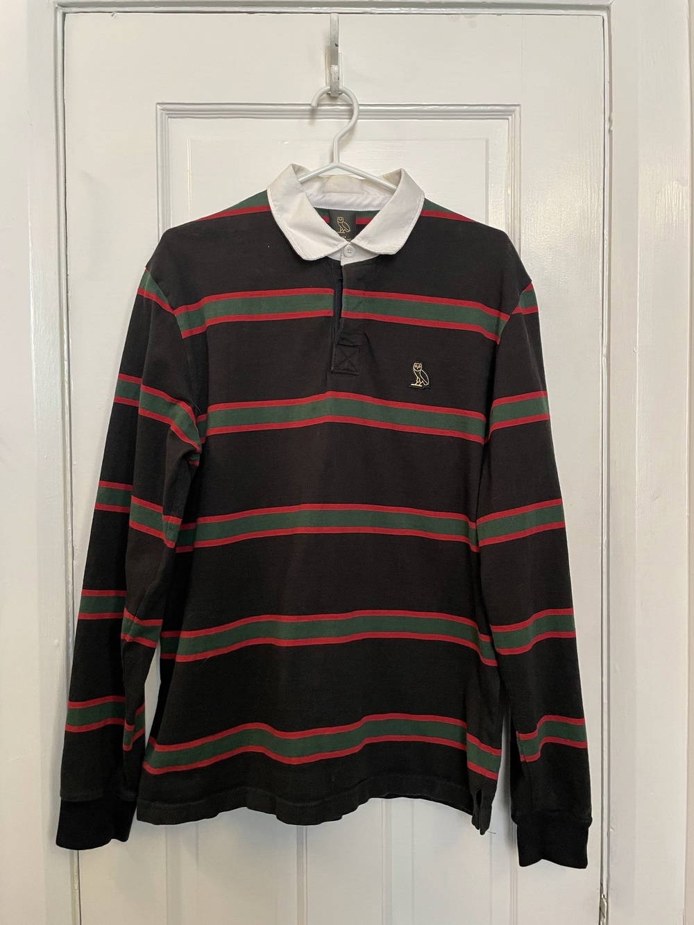 OVO Men's Long Sleeve Striped Rugby Polo Shirt. Black/Red/Green. Size Large.